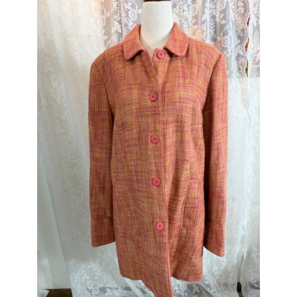 Dialogue Pink Orange Tweed Button Front Coat Jacket Linen Blend Size 14